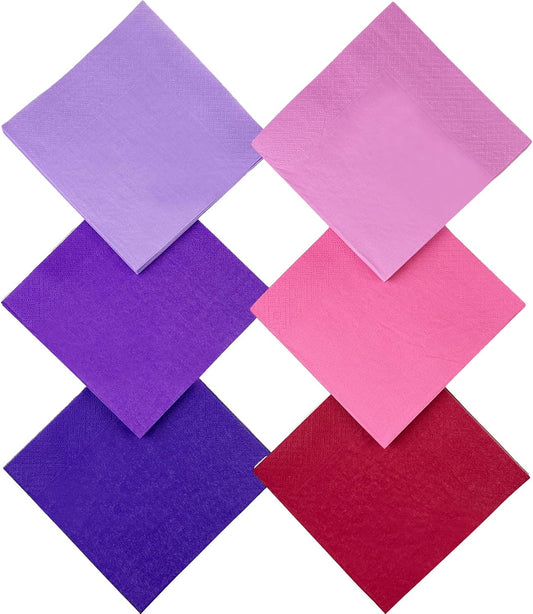 PinkPurple Cocktail Napkins 6 colors 5 * 5inch disposable Beverage Napkin paper for Cocktail, Wedding, Dinner,Brithday Party Dessert Wine Paper Napkins( 120 Count)