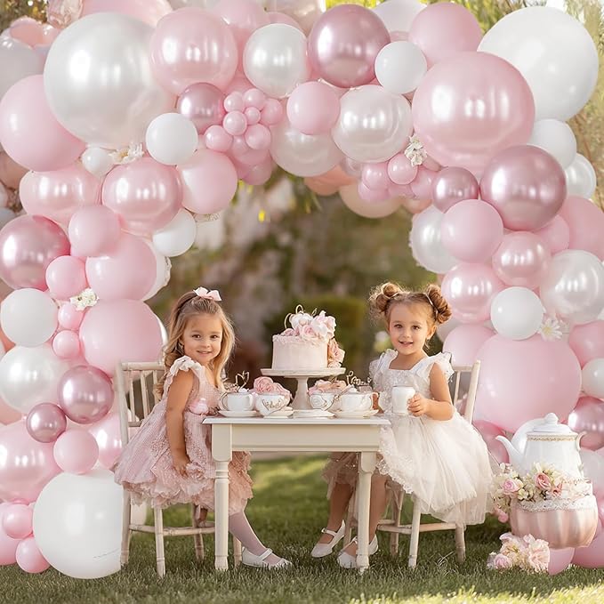 Pink and White Balloons Arch Kit, Double Stuffed Pastel Pink Balloon Garland Include Light Pearl Pink White and Metallic Pink Balloons for Coquette Wedding Birthday Party Bridal Shower Decorations