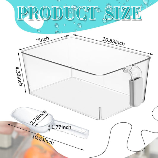 Havawish 2 Set Ice Bin and Flexible Scoop Set Plastic Freezer Ice Bin with Pull out Handle Clear Storage Bucket for Container with Bucket Scoop (Grey,10.83 x 7 x 4.33 in)