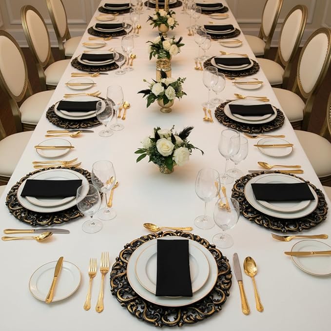 Maxdot 6 Pcs 13" Mirror Charger Plates for Dinner Plates Plastic Round Embossed Edge Dinner Chargers for Table Setting Wedding Party Christmas Holiday Supplies Elegant Tabletop (Black and Gold)