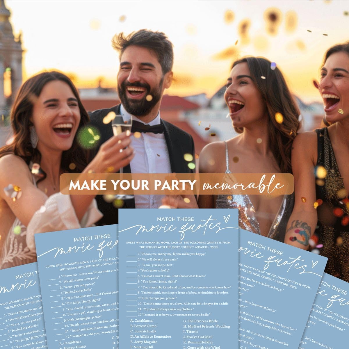 Bridal Shower Games Cards, Match These Movie Quotes, 25 Game Cards with 1 Answer Card, Engagement Party Wedding Games for Guests, Minimalist Blue Wedding Party Supplies - B09