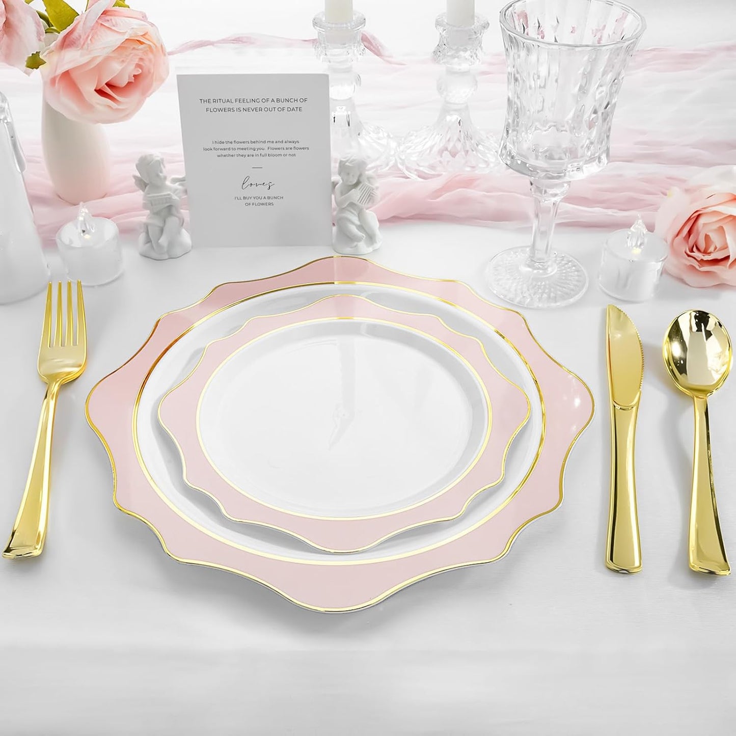 100 PCS White and Pink Disposable Plates for 50 Guests, Scalloped Plastic Plates Include 50 Dinner Plates and 50 Dessert Plates for Party, Wedding and Graduation