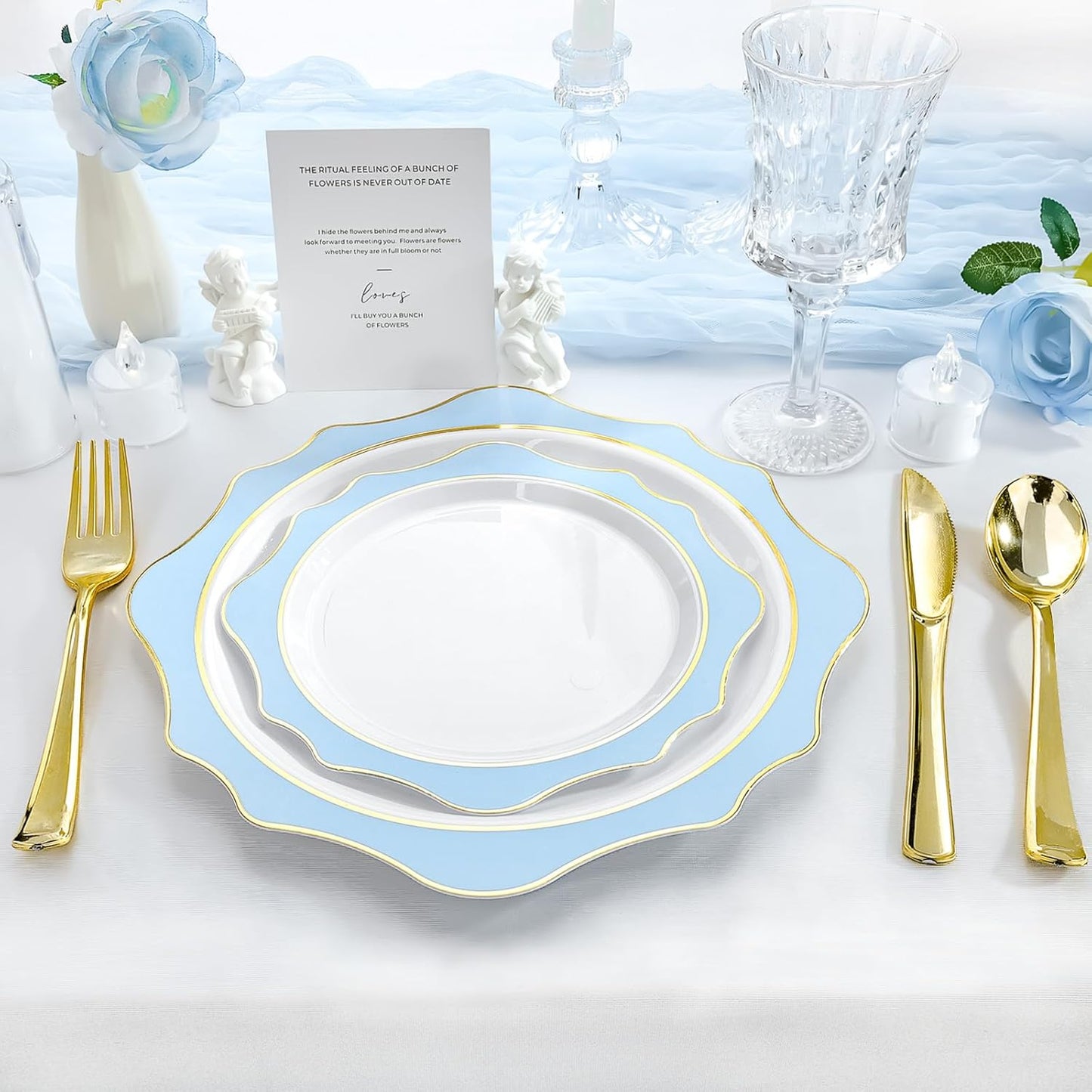 100 PCS White and Blue Disposable Plates for 50 Guests, Scalloped Plastic Plates Include 50 Dinner Plates and 50 Dessert Plates for Party, Wedding and Graduation