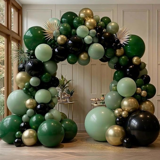 Green Black Balloon Arch, Double Stuffed Dark Sage Light Green Gold Balloon Garland for Birthday Baby Shower Graduation Jungle St Patricks Day Party Decorations