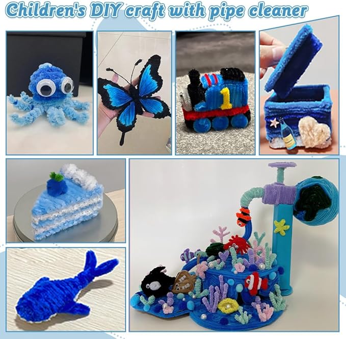 AHAMETON 620 Pcs Blue Pipe Cleaners Bulk,6 Colored Pipe Cleaners Craft,Chenille Stems for DIY Flower Bouquet Kit with Floral Wire,Creative Gift Eternal Flowers Supplies for Party Decorations