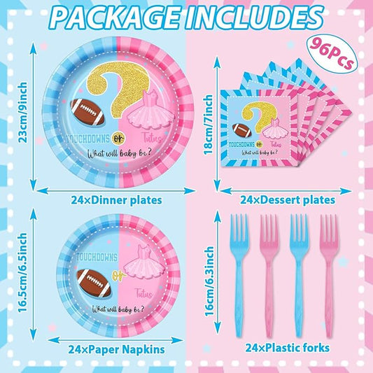96Pcs Gender Reveal Party Supplies Touchdown or Tutus Gender Reveal Paper Plates Napkins Ballet or Football Gender Reveal Party Decorations Favors for Boy or Girl Baby Shower Tableware Serves 24