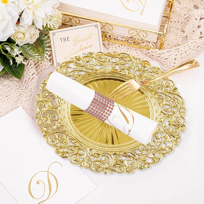 Set of 12 Gold Charger Plates and 12 Napkin Rings, 13-Inch Heavy-Duty Stackable Chargers for Dinner Plates, Perfect for Wedding & Party Table Settings