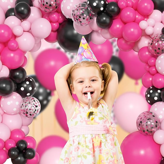 Amandir 153pcs Pink Black Balloon Garland Arch Kit, Different Sizes 18 12 10 5 inch Pink Black Latex Dot Confetti Balloons for Girl Cartoon Mouse Birthday Party Decoration