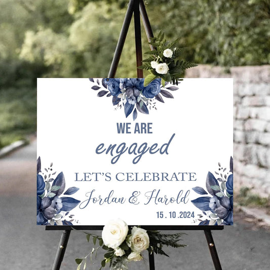 Blue Rose Flower Engagement Welcome Sign - We Are Engaged Minimalist Photo, Rustic Decor for Our Party