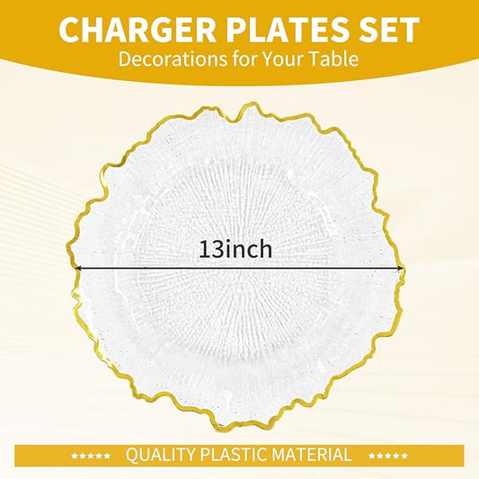 24 Pcs Clear Charger Plates Bulk 13 Inch Plastic Charger Plates for Dinner Plate, Clear with Gold Rim Chargers for Table Setting, Reef Design Plate Floral Decor Round Chargers for Wedding Party Event