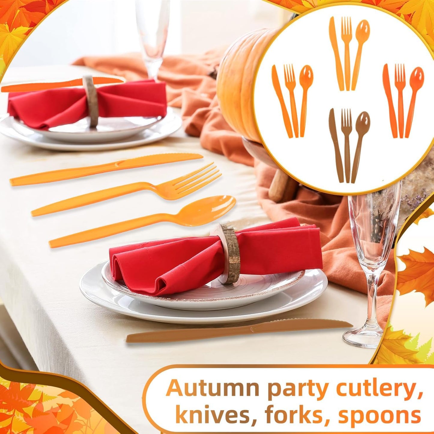 300 PCS Autumn Plastic Silverware Set Disposable Utensils Heavy Duty Plastic Cutlery Set Orange Brown Disposable Includes Spoons Forks Knives for Thanksgiving Party Decoration Supplies