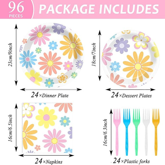 96PCS Boho Pastel Party Paper Plates and Napkins for Groovy Daisy Retro Boho Party Dessert Cake Plates Disposable Tableware Supplies for Baby Shower Birthday Wedding Seasonal Holiday Decorations