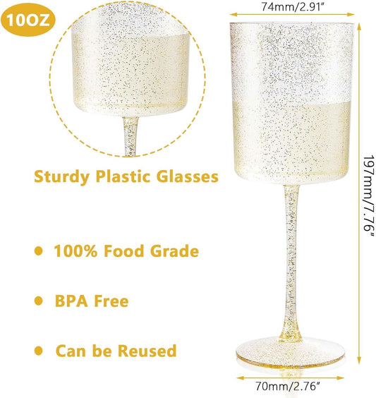 Ciaell 6 Pack Gold Plastic Wine Glasses - 10 Oz Disposable Glasse with Stem - Disposable Wine Glasses Perfect for Parties & Weddings & Poolside & Outdoors & Camping & Thanksgiving