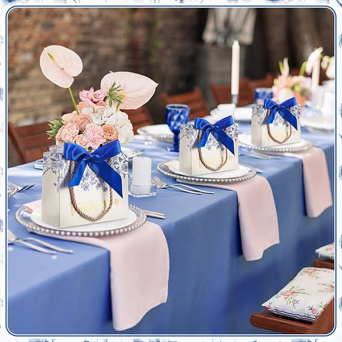 Moinchore 40 Pack Wildflower Thank You Gift Bags with Handles Small Thank You Party Favor Bags with Bow Wedding Welcome Tote for wedding Holiday Bridal Shower Party(Vintage Blue Flowers)