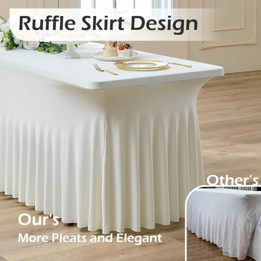 2 pk Ivory Spandex Tablecloth 6ft with Ruffle Skirts,Wrinkle Free High Stretch Cream Fitted Tablecloths for 6 Foot Rectangle Tables,Elastic Spandex Table Covers 6 ft for Parties Weddings Banquet