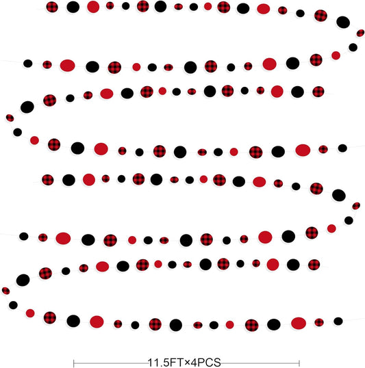46Ft Buffalo Plaid Polka Dot Garlands Black Red Checkered Paper Circle Dot Streamer Banner for Baby Shower Bridal Shower Birthday Bachelorette Christmas Holiday Halloween Party Decorations Supplies