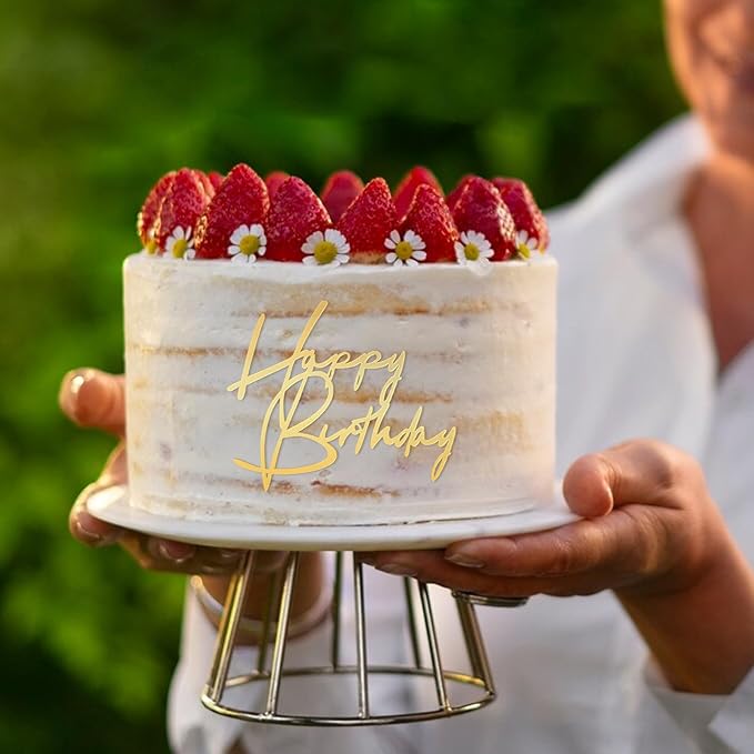 6 Pcs Gold Happy Birthday Cake Topper Side Mirror Acrylic Cake Topper Happy Birthday Cake Sign Decorations Gold Cake Inserts Cake Decor Supplies Golden Cupcake Toppers for Birthday Party Cake Dessert
