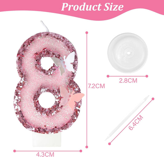 18Th Birthday Candles,Glitter Butterfly Cake Toppers Pink Sequins Wedding Numeral Cupcake Decorations,Suitable for Girl and Boy Wedding Cakes, Party Celebrations, Birthday Decorations (18)