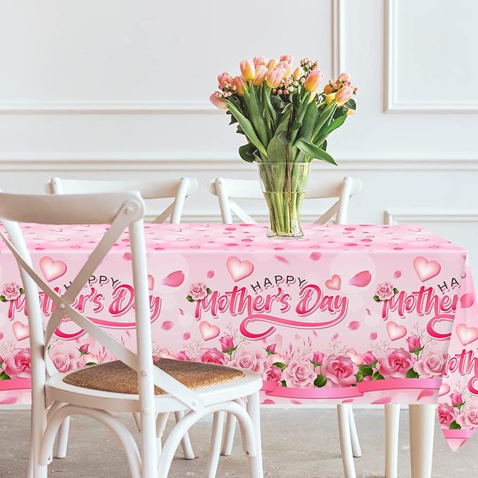 Happy Mothers Day Decorations Tablecloth 4 Pack Large Rectangle Pink Rose Mothers Day Table Covers for Mothers Day Outdoor Party Disposable Waterproof Plastic Tablecloth