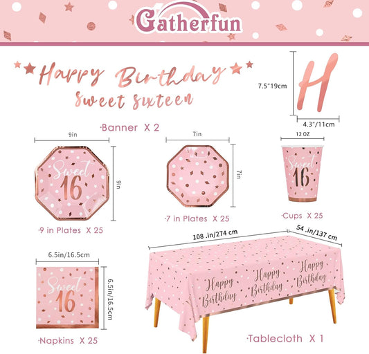 Rose Gold & Pink Sweet 16 Birthday Bundle: Party Supplies Set with paper Plates, Napkins, Cups, Tablecloth & Banner - Sweet Sixteen Decorations, Party Favors ,Serves 25
