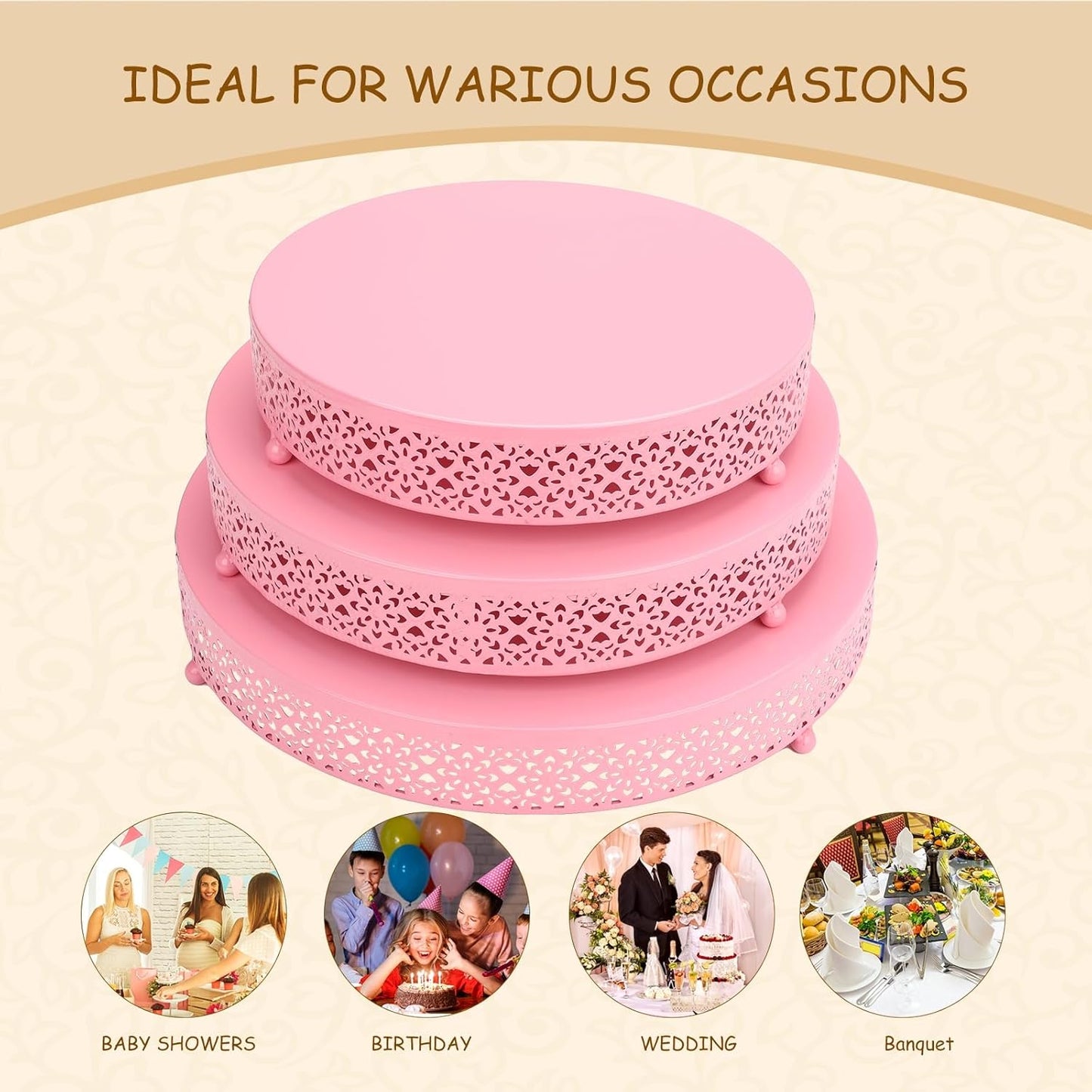 3 Piece pink cake stand Set 16'' 14'' 12'' Round Metal Cake Stands Cupcake Stand Riser Pastry Candy Display Plate for Dessert Table Wedding Event Birthday Anniversary Party (Pink)