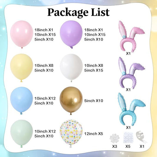 155pcs Easter Balloon Arch, Pastel Rainbow Balloon Garland with Bunny Ears Foil Balloons, Pink Purple Yellow Green Blue White Gold Confetti Balloons for Easter Spring Baby Shower Birthday Decorations