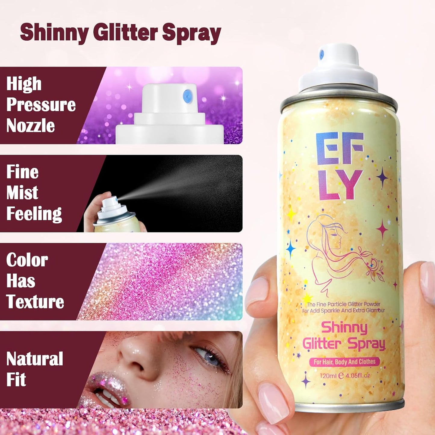 Body Glitter Spray for Hair and Body, Hair Glitter Spray for Clothes, Face, Skin, Long Lasting Spray Glitter Suitable for Music Festival Rave and Makeup Prom 4.05 FL Oz (Pink)