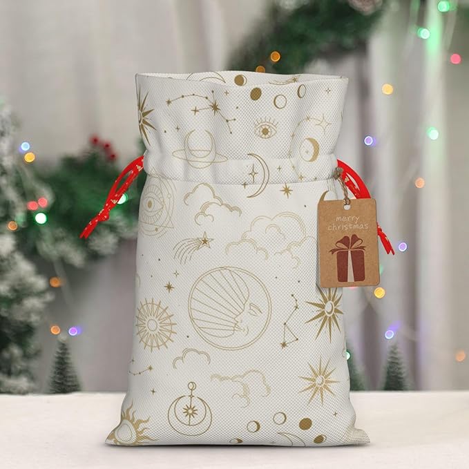 Boho Chic Sun Moon Galaxy Stars Clouds Christmas Gift Bags Christmas Treat Bags Cloth Christmas Gift Bag Drawstring Christmas Bags for Gifts Favor Bags Reusable Xmas Gift Bags for Holiday Party