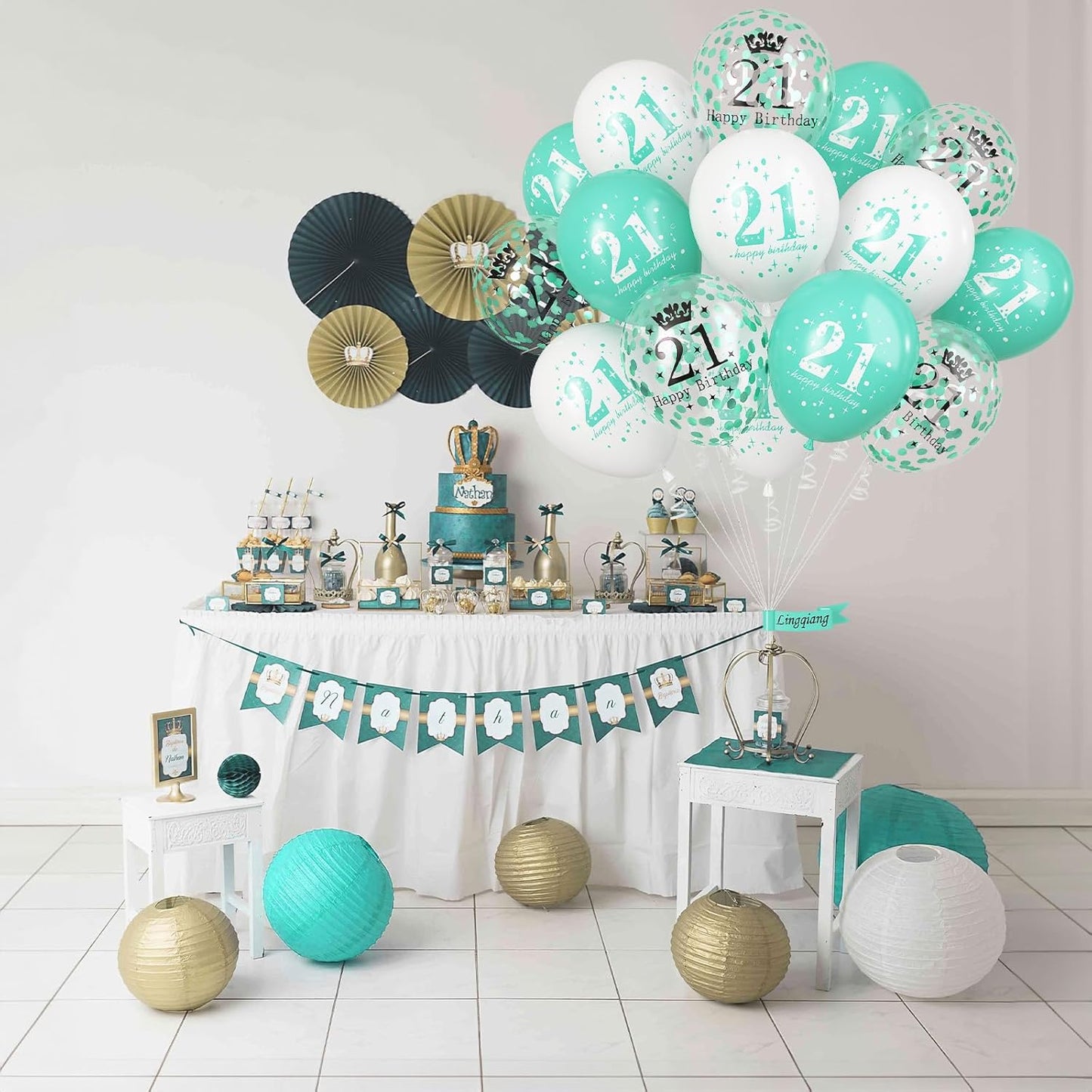 21st Birthday Balloons & Decorations - Teal, White & Turquoise Latex Balloons for Boys & Girls, Confetti, Party Supplies