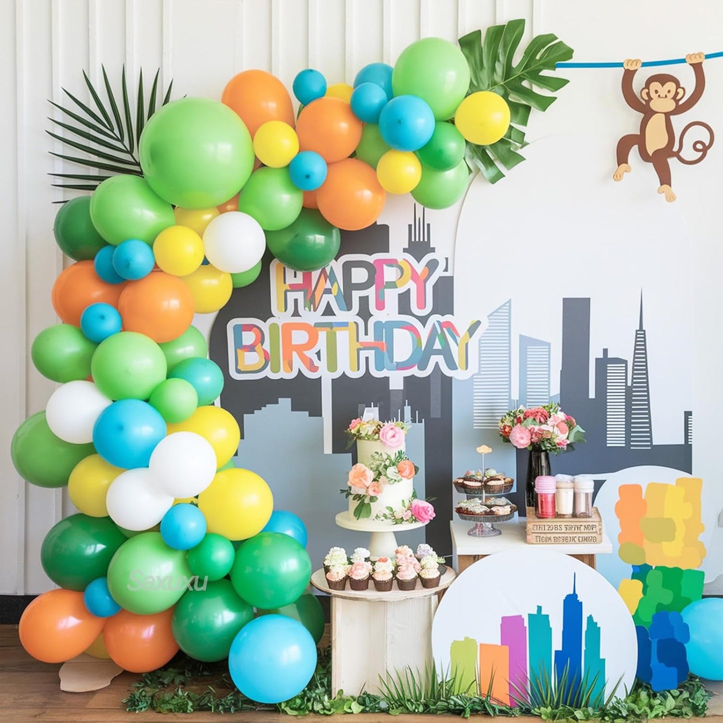 Colorful Balloon Arch Kit, Green White Orange Balloons Garland Arch Kit, Matte Teal Yellow White Light Green Balloons For Birthday Baby Shower Zoo Theme Party Wedding Bachelorette Decorations