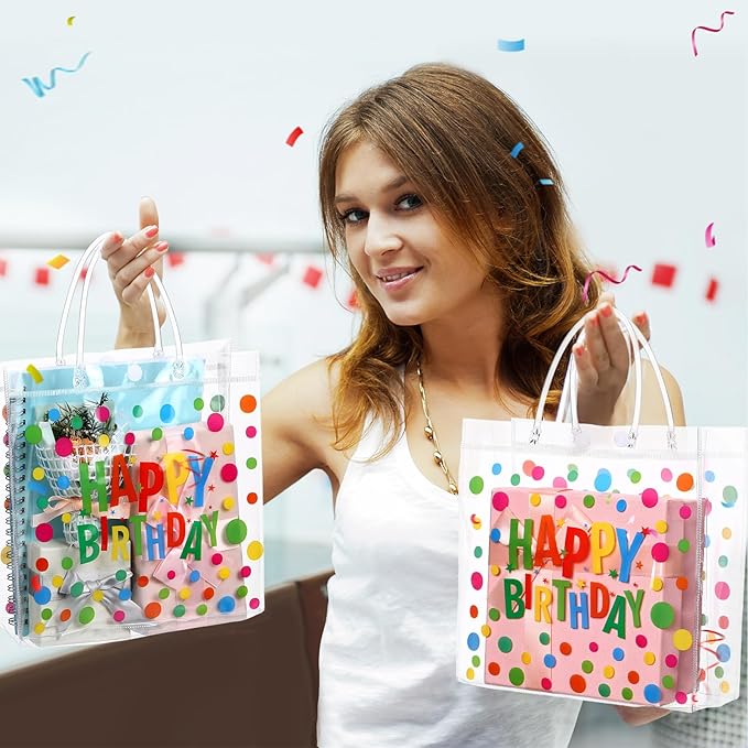 Kacctyen 24 Pcs Birthday Gift Bags for Party Favor Clear Birthday Goodie Bags with Handle 7.87 x 7.87 x 3.15 Return Gift Wrap Totes for Guests Treat Candy Wrapping