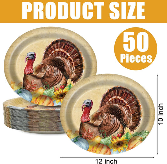 Thanksgiving Oval Paper Plates 10" x 12",Large Disposable Fall Party Decorations Paper Vintage Autumn Turkey Plates for Birthday Holiday Favor Bridal Baby Shower Party Supplies,50 Guests