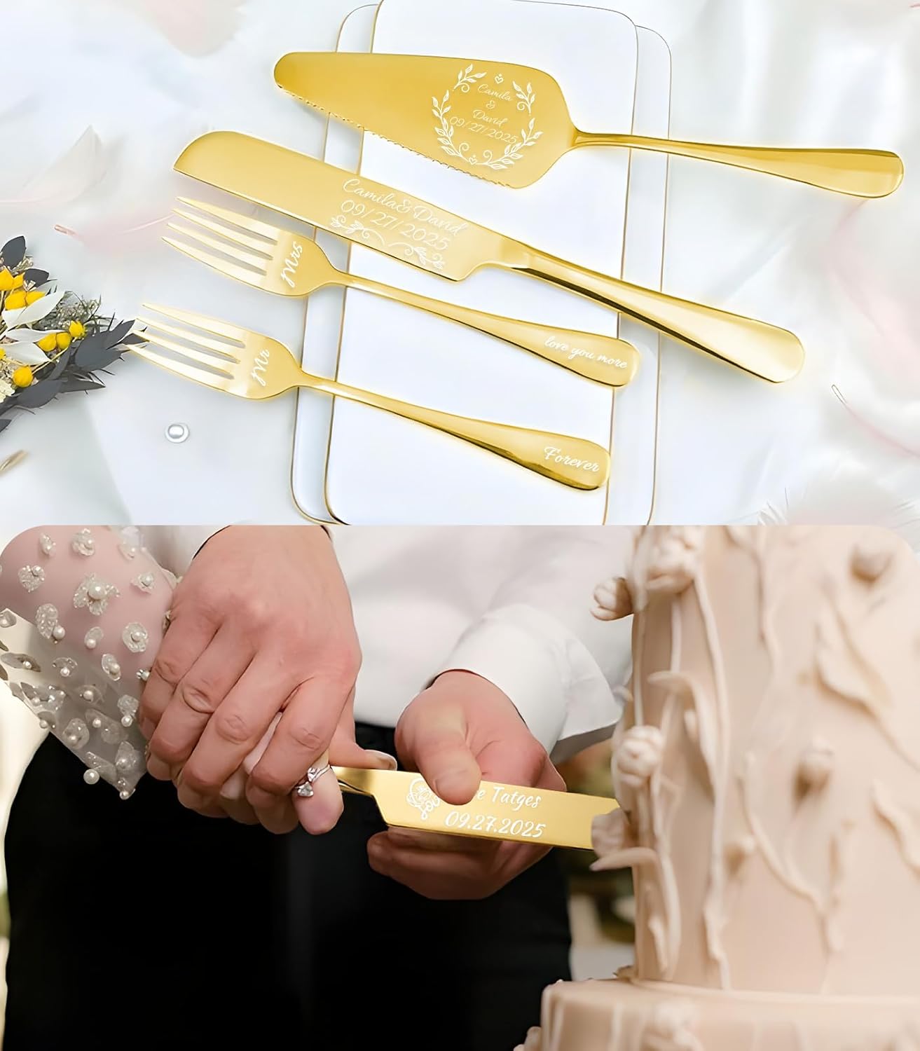 HJX Personalized Wedding Cake Knife and Server Set, Custom Names Cake Cutting Set, Customized Knife and Cake Server Set Gift for Bridal Anniversary Birthday Wedding Registry (Gold)