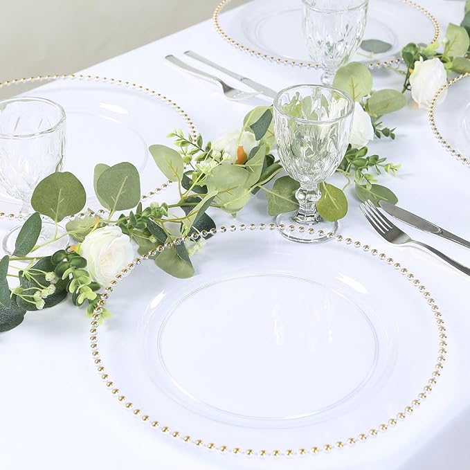 Efavormart 10 Pack Clear Gold Economy Plastic Charger Plates with Beaded Rim, Round Decorative Serving Plates - 13"