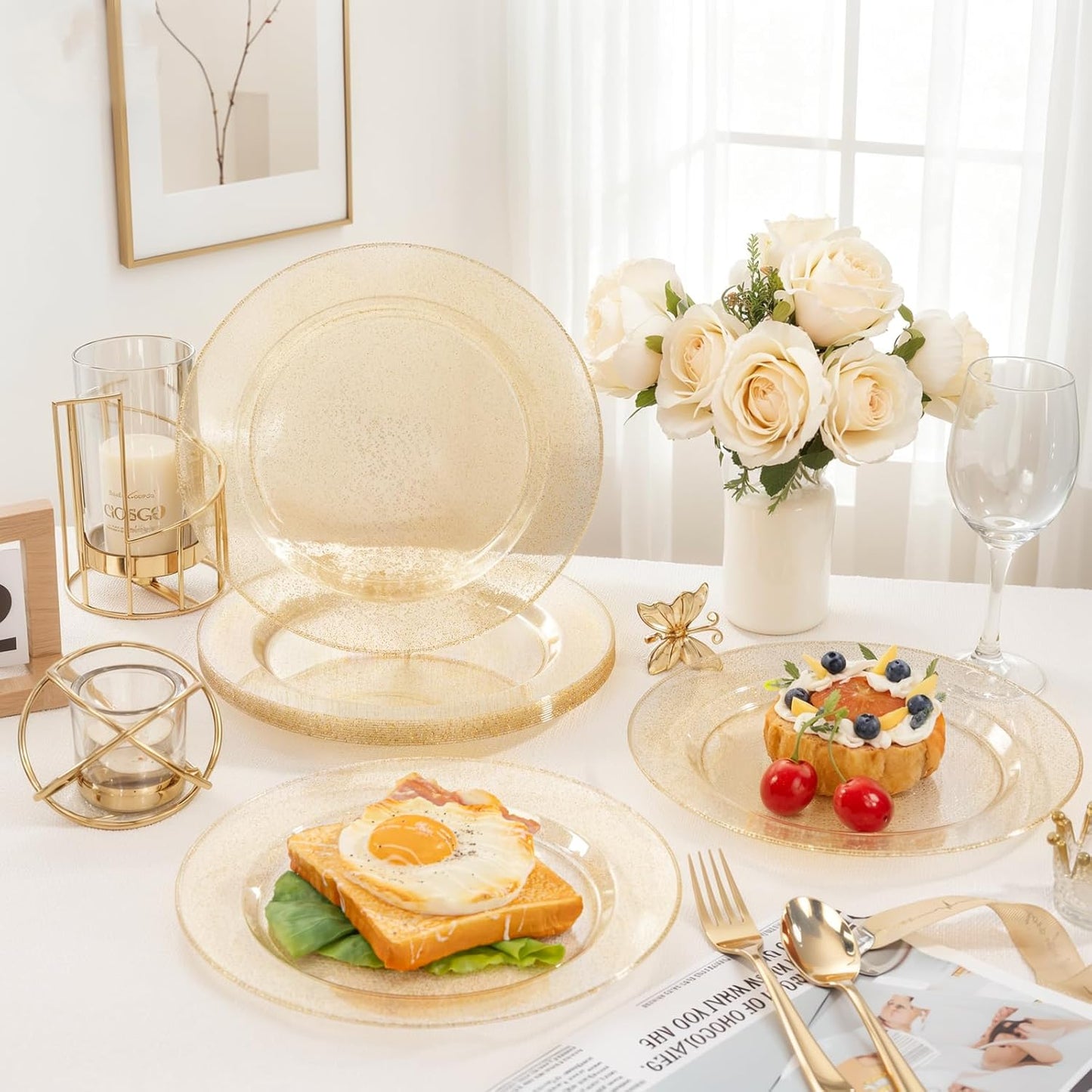 bUCLA 100PCS Gold Glitter Plastic Plates - 10.25inch Premium Plastic Glitter Disposable Dinner Plates - Ideal for Party & Thanksgiving