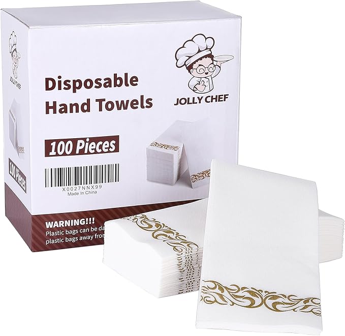 JOLLY CHEF 100 Disposable Hand Towels, Soft and Absorbent Linen Feel Dinner Napkin, Elegant Decorative Paper Guest Towels for Kitchen, Bathroom,Weddings,Parties, Gold and White