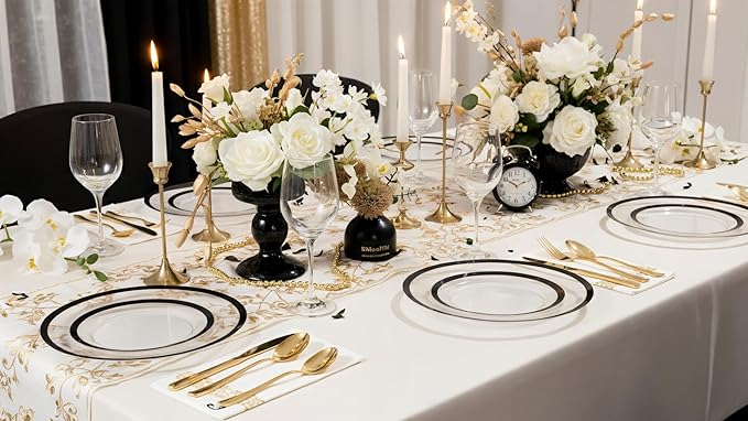 supernal Elegant Disposable Plates, 120-Pack Black Plastic Plates, Clear and Black Heavy Duty BPA-Free Plastic Dinnerware Set for 60 Guests Perfect for Wedding, Upscale Parties & Catering