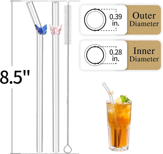 10 Pack Reusable Glass Straws Set, Clear Glass Drinking Straws, 8.5''x10MM, Creative and Cute Butterfly Straw with Cleaning Brush, Perfect for Smoothies, Milkshakes, Juice, Tea, Milk
