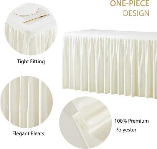 1 Pack Ivory Rectangle Table Clothes for 8 Foot Tables, Polyester Wrinkle Free Fitted Tablecloths 8ft Stretch Table Cover with Skirt for Wedding, Birthday, Parties, Trade Show, Craft Show