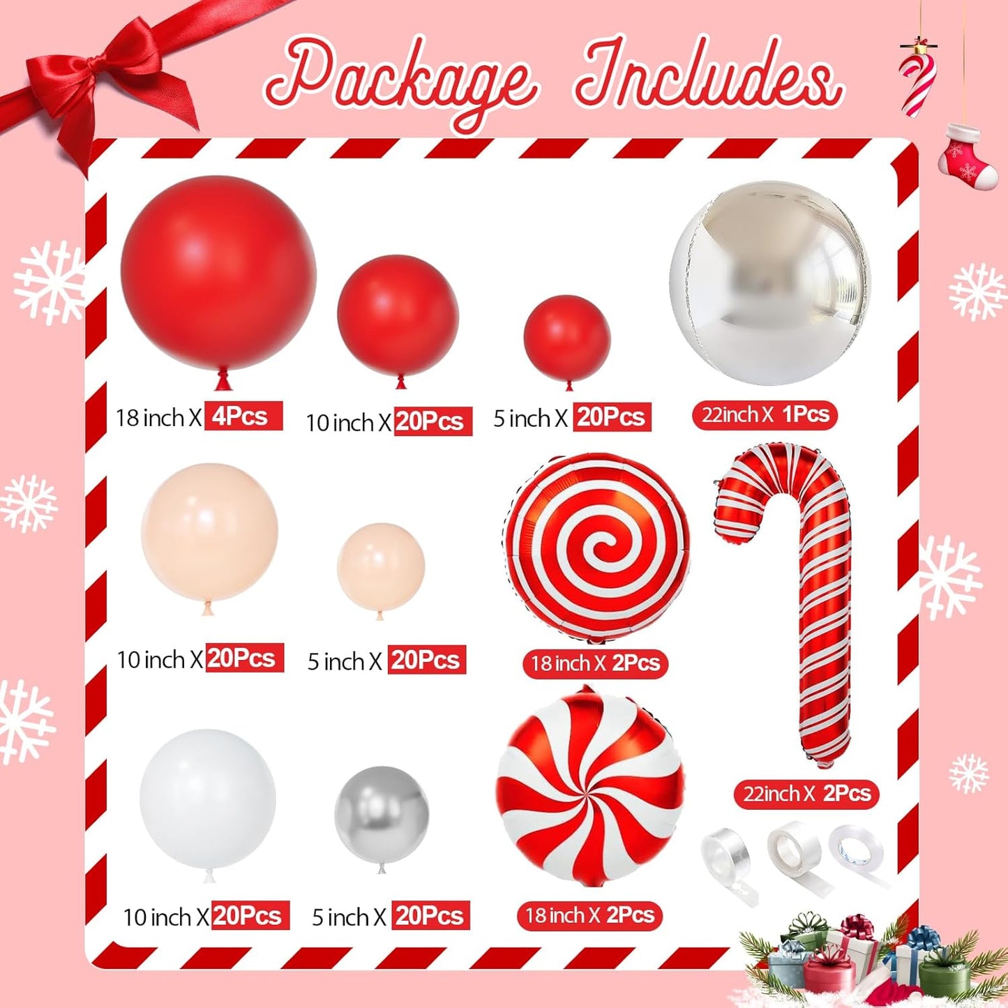 Christmas Balloon Garland Arch Kit, Red White Silver Apricot Balloons Candy Cane Foil Balloons Christmas Backdrop for Xmas Winter Holiday Party Decorations