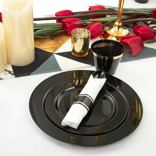 EI 350pcs Black Plastic Plates Disposable Heavy Duty Plastic Dinnerware Set Pre Silverware and Napkins Set Black and Gold Cups for Party Suit for Party,Wedding,Afternoon Tea,Spring,Valentine's Day