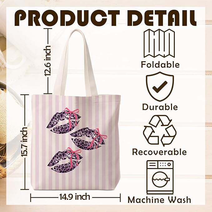 Coquette Bow Purple Leopard Lip Tote Bag for Women,Trendy Cheetah Print Canvas Tote Bag for Girls,Girly Leopard Lip Print Aesthetic Reusable Shopping Grocery Bags Party Favors
