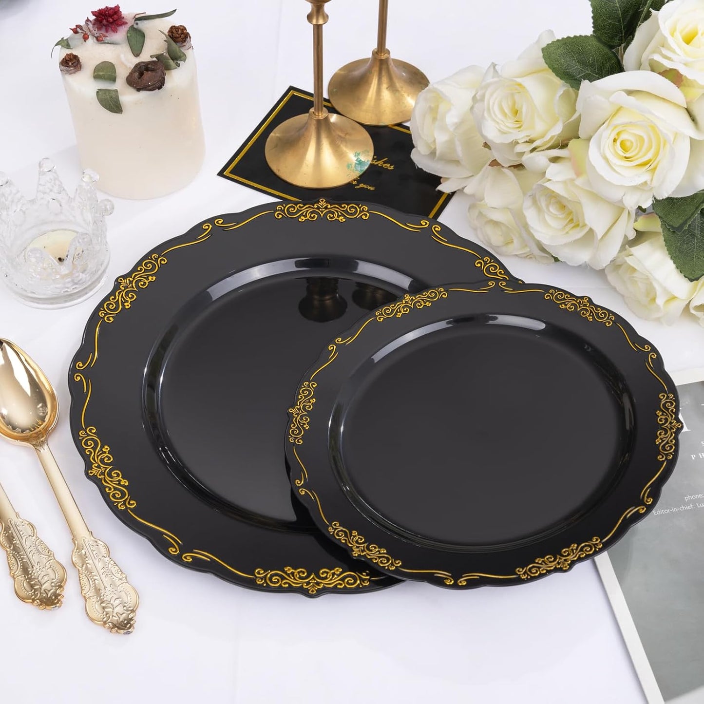 DaYammi 150Pcs Black Gold Plastic Plates & Plastic Silverware,Black Disposable Plates for Party Include 30 Dinner Plate,30 Dessert Plate,30 Knives,30 Forks,30 Spoons,black plates for New Year Wedding