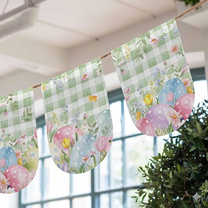 Easter Eggs Banner 3Pcs Indoor Outdoor Hanging Banner Flag Spring Daisy Eucalyptus Leaves Sage Green Plaid Sign for Fireplace Mantel Decorative Bunting Garland Valance for Shop Door Decor 7.9"x11.8"