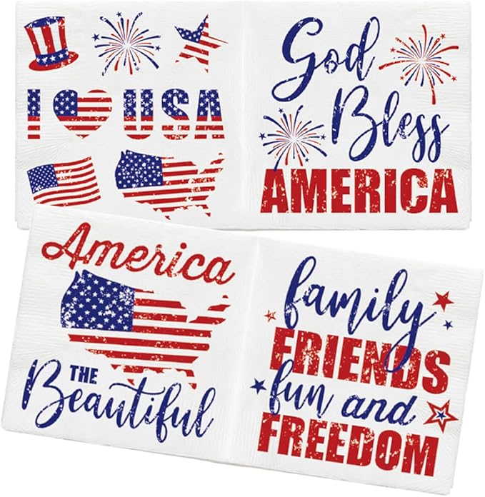 Iconikal July 4th Disposable Dinner Paper Party Napkins, Patriotic American, 75-Count
