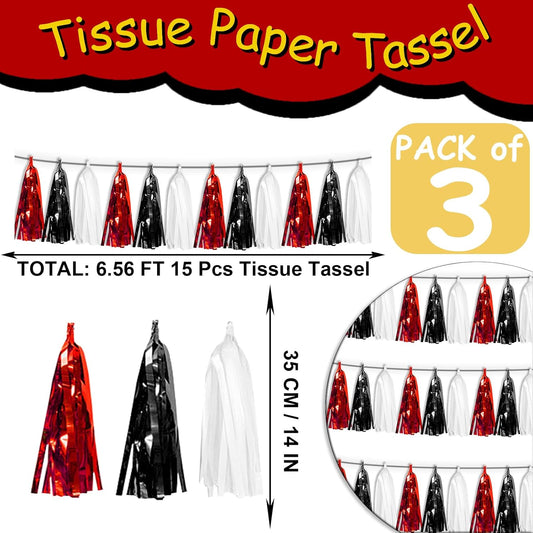 3P Black Red White Foil Fringe Tassel Banner Metallic Tinsel Streamer Garland Wall Curtain Backdrop for Parade Floats, Graduation, Halloween, Christmas, Father's Day Party Decorations