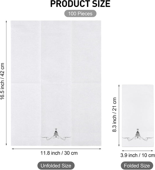100 Pack Christmas Disposable Guest Napkins 12 x 17 Inch Silver Foil Christmas Trees Napkins Xmas Tree Hand Towels for Bathroom Kitchen Weddings Christmas Holiday Party