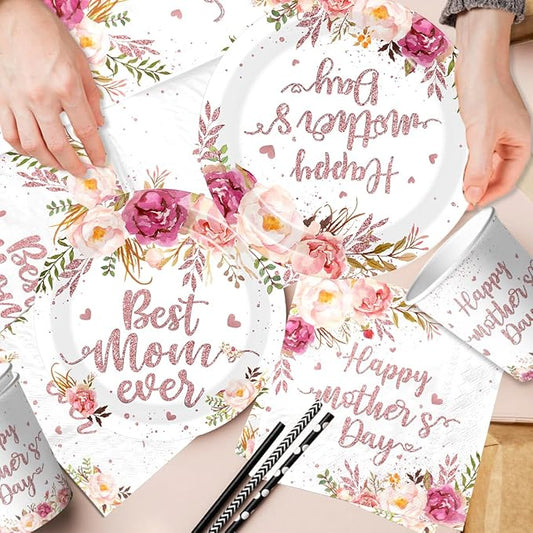 Mothers Day Paper Plates and Napkins Set, 144Pcs Floral Theme Disposable Tableware for 24 Guests, Includes Dinner Plates, Dessert Plates, Luncheon Napkins for Party Decorations