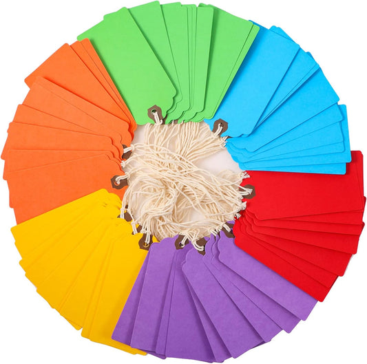 Outus 60 Pcs 4 3/4-in x 2 3/8-in Blank Large Paper Gift Tags with String and Reinforced Eyelet Wire Writable Price Tags Shipping Labels Inventory Labels(Rainbow Colors)