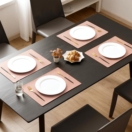 MOSAYT Vinyl Placemats Set of 8-12 X 17 Inch - Faux Leather 100% Waterproof Oil-Proof Wipeable PU Place Mats, Heat Resistant Reversible Table Mats for Kitchen, Dining, Outdoor (Pink)